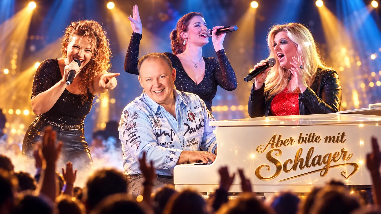 Aber bitte mit Schlager mit Sängerinnen und Pianist auf einer goldenen Bühne